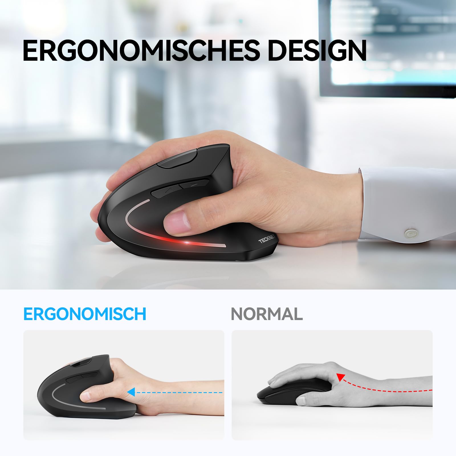 TECKNET Ergonomische Maus, Kabellose Bluetooth Vertikale Maus(BT 5.0+BT 3.0+2.4G), 6 Einstellstufen bis 4800 DPI, Optisch Leise Wireless Mouse für Laptop/PC/Mac/Tablet/iPad(Win/Android/iOS), 6 Tasten 2