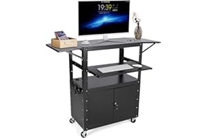 JoanKaren Height-Adjustable Mobile AV Cart, Locking Storage Cabinet with Drop Leaf Work Surfaces, Built-in Power Strip & Cabl
