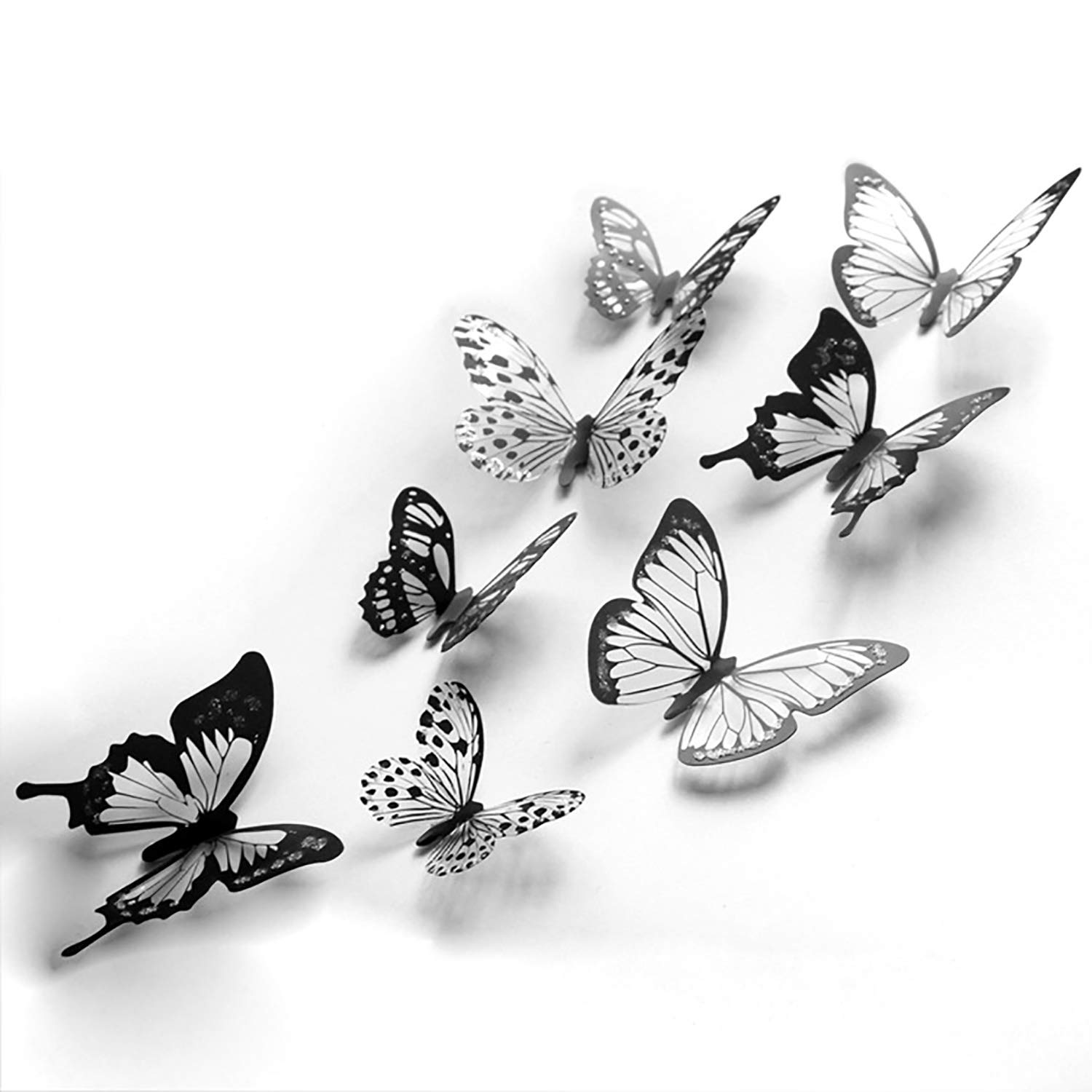 72 Pcs 3D Black and White Crystal Butterfly Wall Stickers with Adhesive Art Decal Satin Paper Butterflies Baby Kids Bedroom Home DIY Decor Removable Sticker.