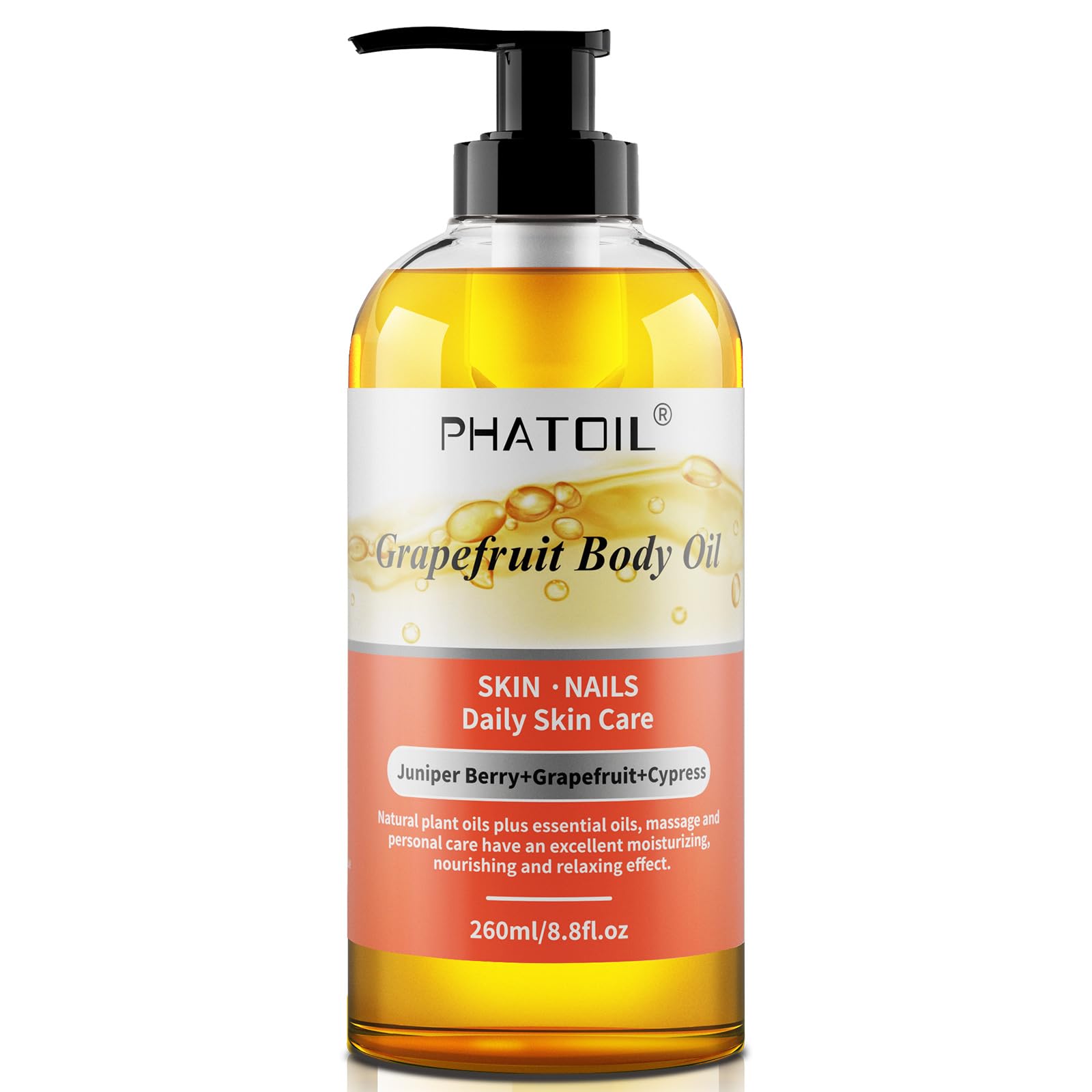 PHATOIL Body Oil, Grapefruit Body Oil for Massage, Skin Care, Nails Care, Formulated with Natural Plant Oils and Essential Oils, Natural Moisturizer for Women, Men. 260ml, All Skin Types