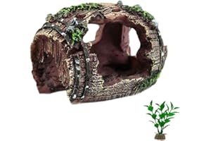 2 PCS Aquarium Decorations Fish Hideout House with Artificial Green Aquatic Plants,Rock Cave Aquarium Decor Plastic Plants Fi