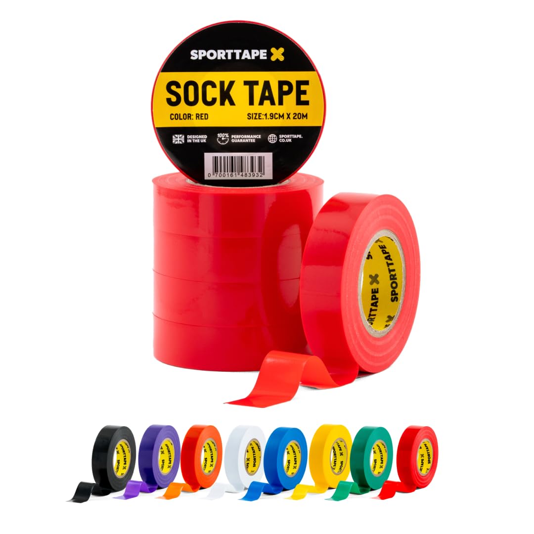 SPORTTAPE 6 Rolls Sock Tape - Red - 1.9cm x 20m | PVC Insulating Tape for Football, Soccer & Rugby - Holds up Football Socks, Shin Pads & Shin Guards | Secures Lifting Blocks, Boots & Ears