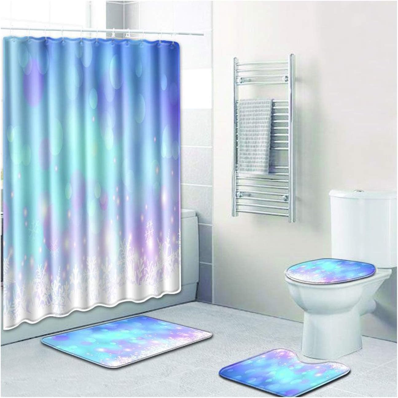 ROMQUEEN 4 Pcs/Set Bathroom Non-Slip Pedestal Rug Shower Curtain Eco Friendly Anti Slip Lap Tray With Cushion Toilet Cover Kids& Shower Curtain 180 * 180&45 * 75