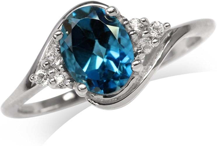Silvershake Petite 3 Stone Genuine London Blue Topaz White Gold Plated 925 Sterling Silver Ring
