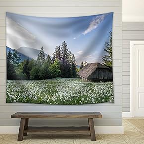 Wood Hut with Flowers Surrounded with Beautiful Nature Scenery - Fabric Wall Tapestry Home Decor - 51x60 inches