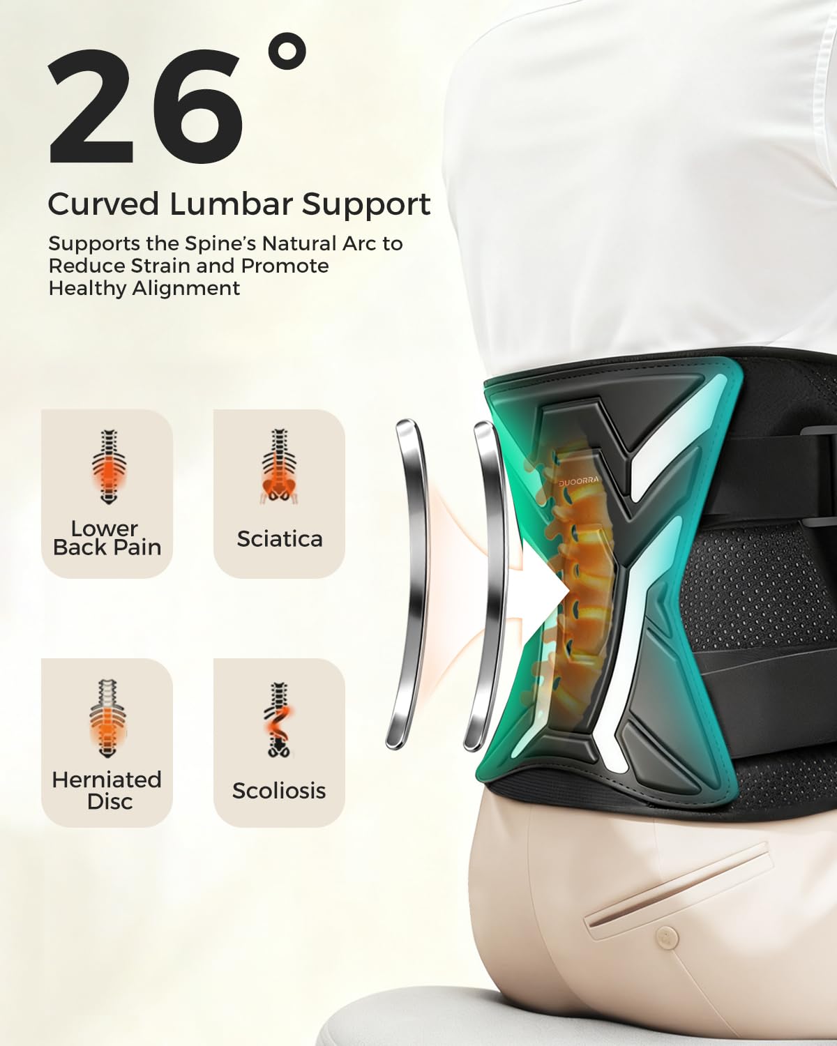 Duoorra Back Brace for Men & Women - Lower Back Pain Relief, Sciatica Pain Relief, Herniated Disc, Scoliosis - Breathable Back Support Brace with 26° Ergonomic Bionic Curve Support Stays - M