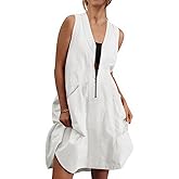 Fisoew Women's Sleeveless Tank Mini Dress Casual Half Zip V Neck Loose Mesh Back Utility Summer Dresses with Pockets