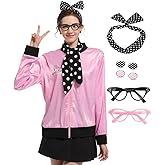 Stenoloma 7 Pieces 1950s Women Pink Satin Jacket Halloween Cosplay Costume Set