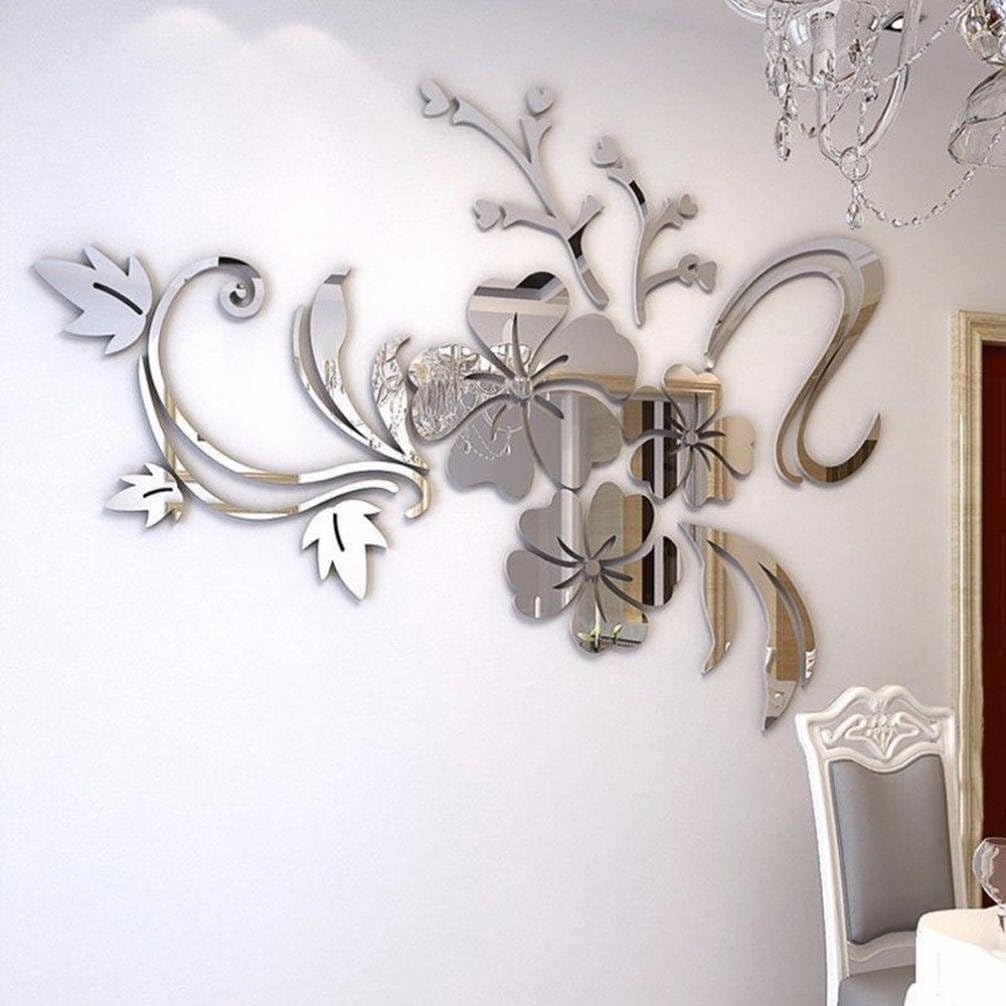 Hot Sale! Neartime 3D Mirror Floral Art Removable Wall Sticker Acrylic Mural Decal Home Room Decor (❤️40×60cm, Silver)
