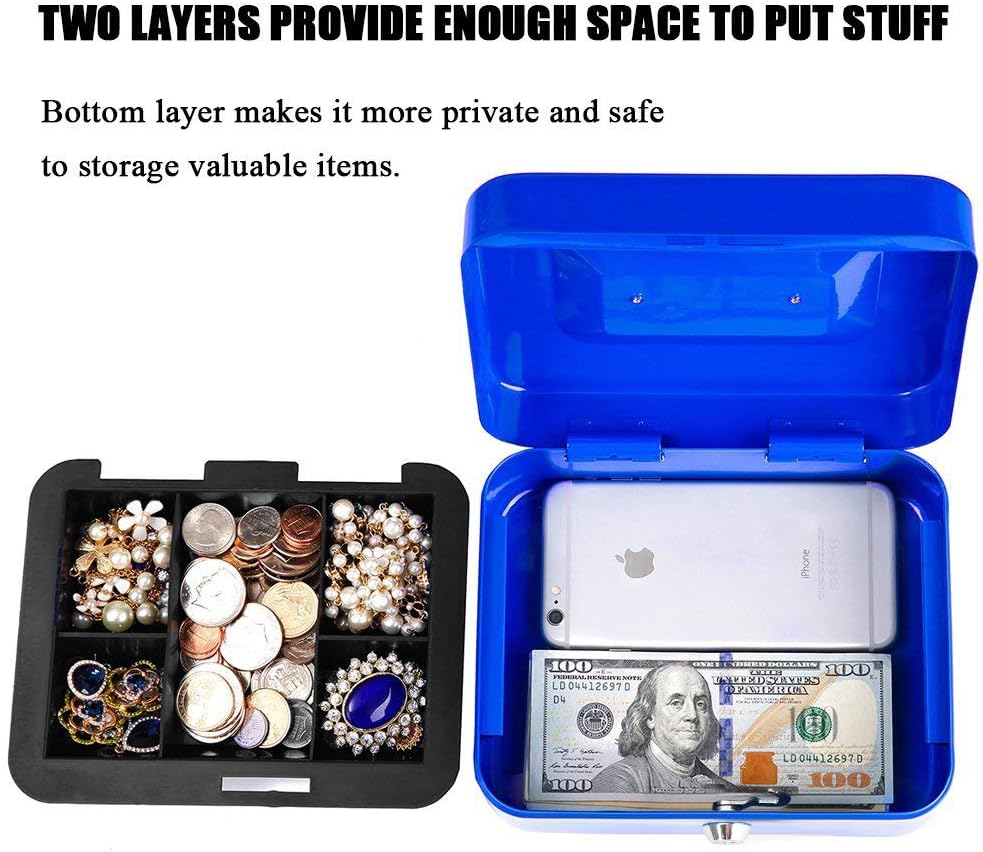 Cash Box with Money Tray, Metal Locking Money Box with Key Lock for Security 7 4/5" x 6 4/5" x 3 3/5", Blue - Image 5
