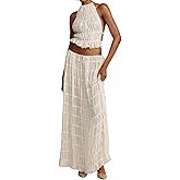 Y2k Maxi Skirt Set for Women Backless Lace Halter Top and Pleated Flowy Skirt Sets Beach Sheer Dress 2 Piece Outfit