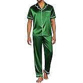 Ekouaer Mens Satin Pajama Set Short Sleeve Button Down Sleepwear Classic Loungewear Set with Long Pants