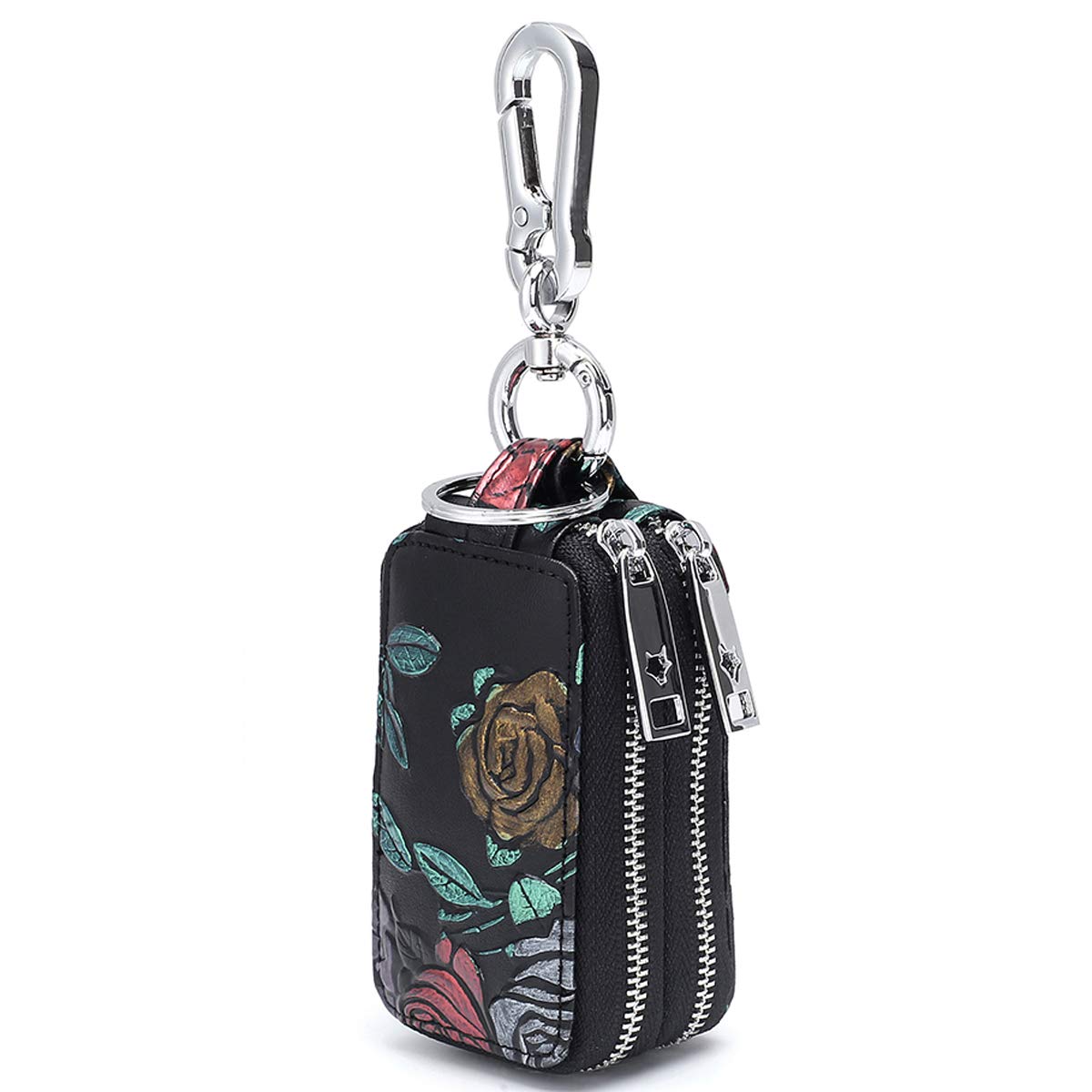 Aileder Key Case Holder Genuine Leather Car Keyring Key Pouch Hand Painted Flowers Keychain Wallet for Women Ladies Double Zipper Keyring Purse (Golden Rose)
