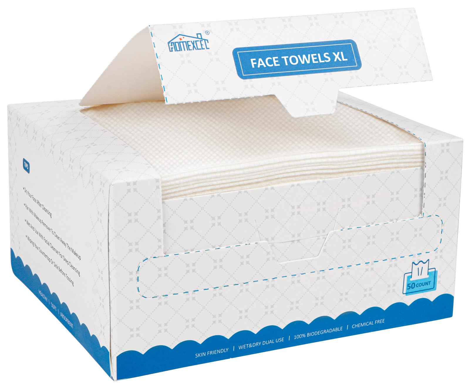 HOMEXCEL Face Towels, Disposable Makeup Remover Wipes Cloth 25 X 30 cm, Soft Lint Free Facial Cleansing Clean Facial Towels, Biodegradable Dry Wipes Face Cloth for Sensitive Skin,50 Count