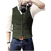 Ceehuteey Mens Suit Vest Waistcoat Tweed Retro V Neck Wool Herringbone for Prom
