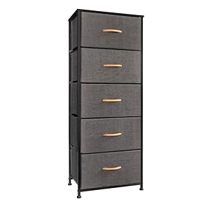 Crestlive Products Vertical Dresser Storage Tower - Sturdy Steel Frame, Wood Top, Easy Pull Fabric Bins, Wood Handles - Organizer Unit for Bedroom, Hallway, Entryway, Closets - 5 Drawers (Gray)