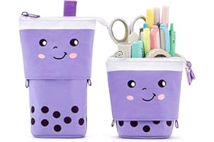 KPX Milktea Cute Standing Pencil Case for Kids, Pop Up Pencil Box Makeup Pouch, Stand UP Christmas Gift Kids Pen Holder Organizer Cosmetics Bag, Kawaii Stationary (Purple)