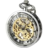 VIGOROSO Vintage Pocket Watch with Chain Mechanical Pocket Watches for Men | Classic steampunk skeleton pocket watches, Open face hand wind up analog pocketwatch with Roman No. dial, Gifts for women men