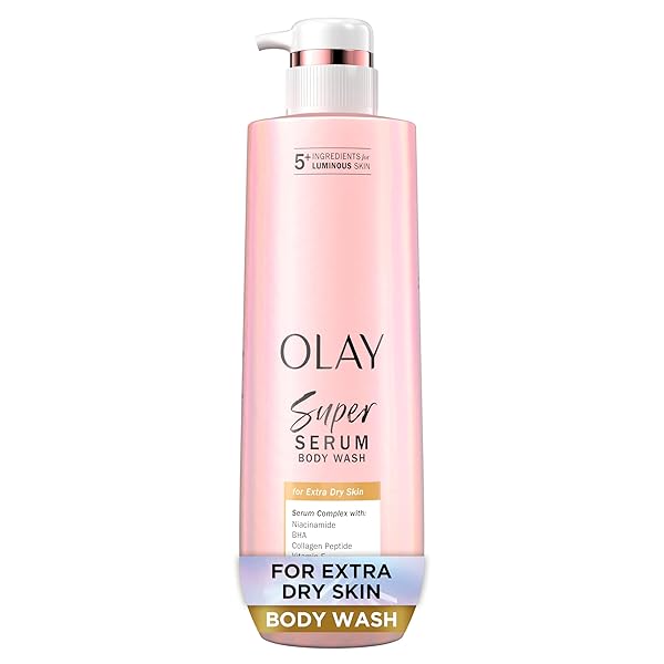 OLAY SUPER SERUM BODY WASH FOR EXTRA DRY SKIN, 24HR LONG LASTING HYDRATION, 5+ INGREDIENT COMPLEX FOR BRIGHT EVEN FIRM LUMINOUS SKIN, WITH VITAMIN E, AND SHEA BUTTER 18.5 FL OZ