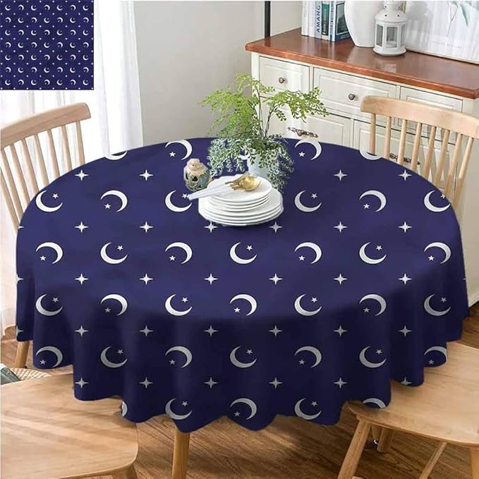 Longbuyer Dinning Round Tablecloth Moon,Crescent Moon Stars Night Sky