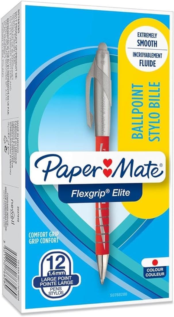 Paper Mate Flexgrip Elite Ballpoint Pens | Medium Point (1.4mm) | Red | Retractable | 12 Count