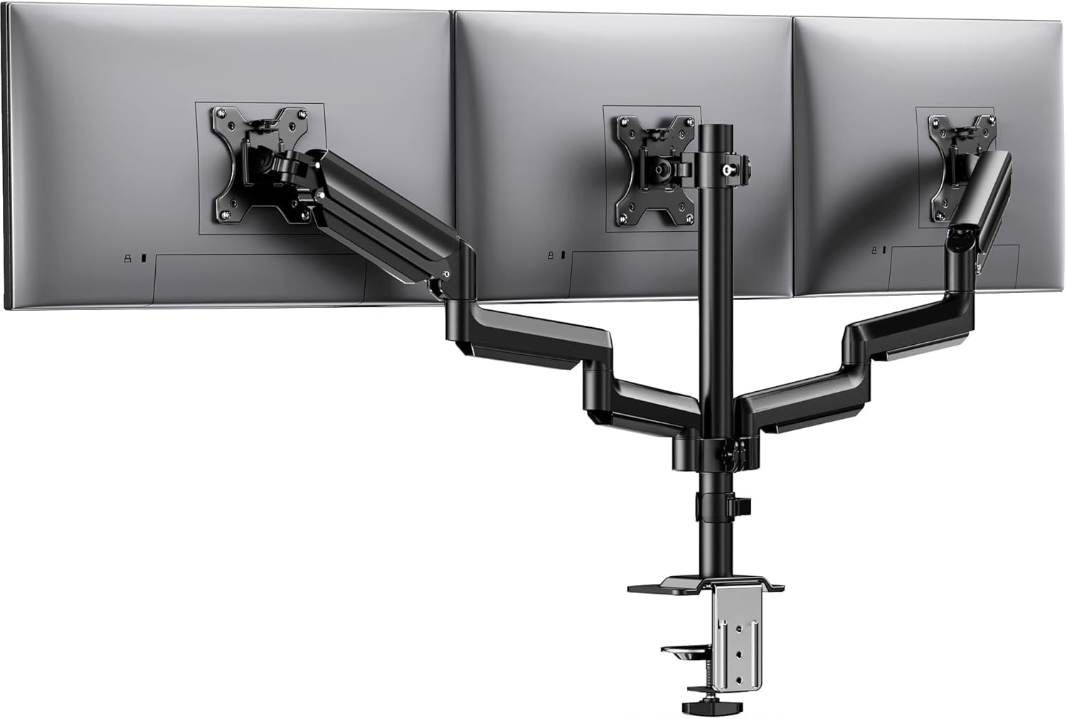 Photo 1 of HUANUO Triple Monitor Mount for 13-27 inch Computer Screens, Gaming 3 Monitor Desk Mount with Arm Holds 19.8lbs, Triple Monitors Stand with Tilt, Swivel, Rotation, VESA 75x75, 100x100mm