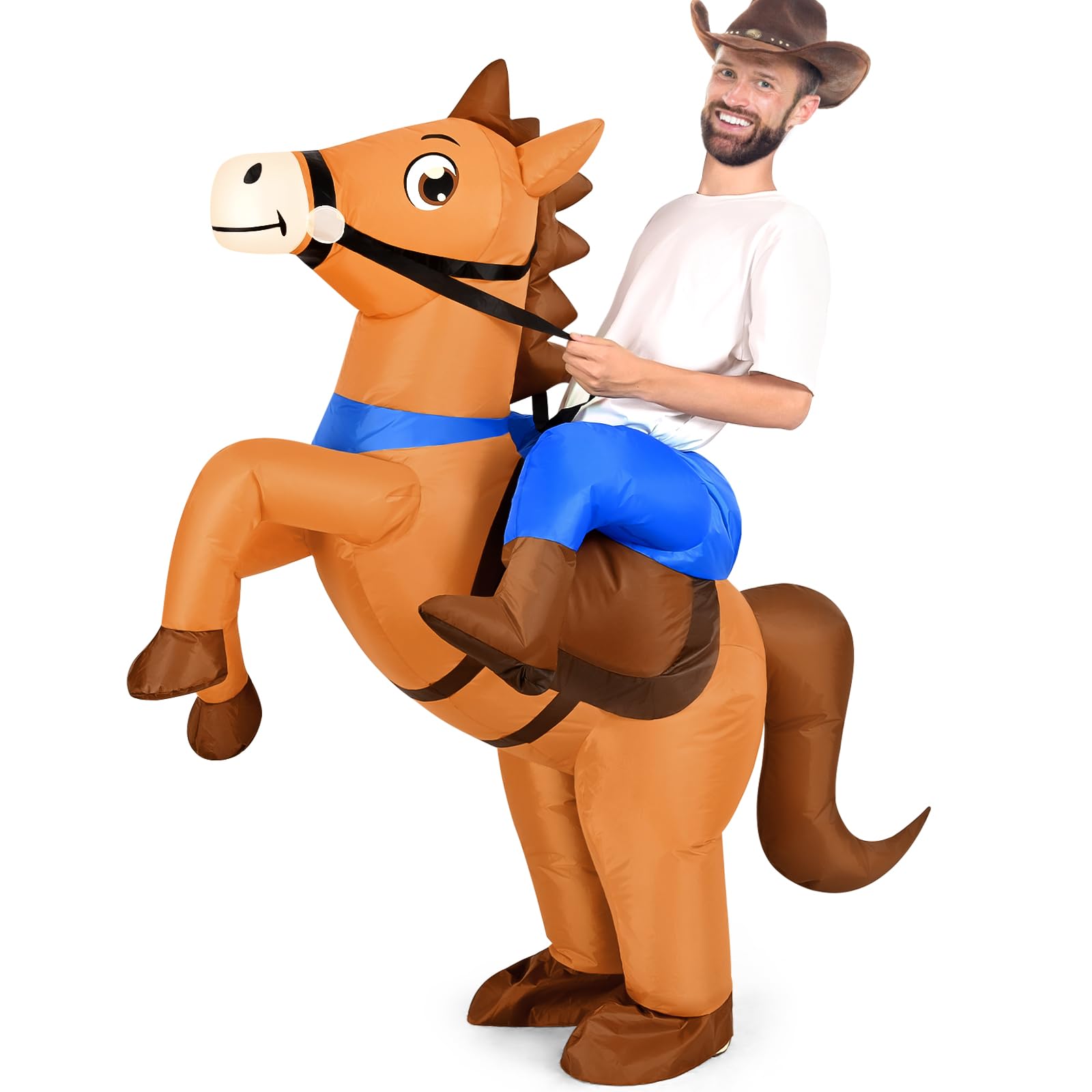 Photo 1 of Qtencas Inflatable Horse Costume for Adults, Blow up Horse Costume for Men Women Cosplay Party Halloween, Cowboy Horse Costume for Halloween Party, Brown
