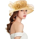 ELLYDOOR Women Derby Fascinator Hat Organza Church Wedding Hats Wide Brim Cocktail Tea Party Hat
