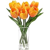 Briful Fake Flowers Artificial Tulip Flower Orange in Clear Vase, Real Touch Foam Tulip Arrangement Suitable for Home Office Decoration, Dining Table Centerpiece