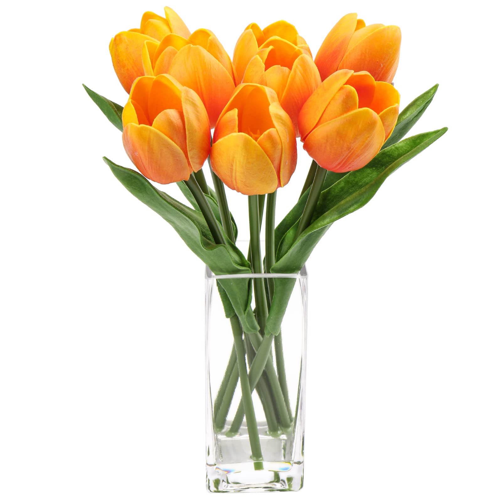 Hollyone 8PCS Artificial Tulips with Glass Vase Realistic Fake Flowers, Real Touch Orange Faux Flowers in Vase for Home, Living Room, Wedding, Centerpiece, Office, Party Decorations