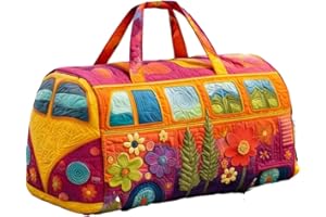 Unisex Boho Quilted Weekender Travel Bag, 70S Retro Peace Sign Weekender Bag, Perfect for Vacation, Camping, Gym, Unique Gift