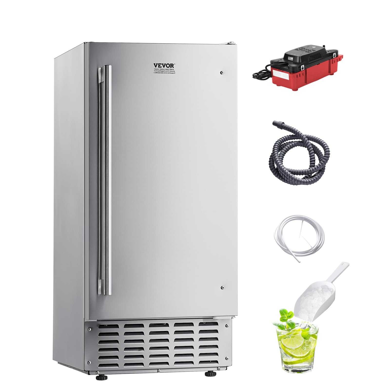 Photo 1 of VEVOR Under Counter Ice Maker, 66 Lbs/Day Under Counter Nugget Ice Makers Machine with Drain Pump, Reversible Door, 18 Lbs Storage, Stainless Steel Freestanding Ice Maker for Commercial Home Kitchen