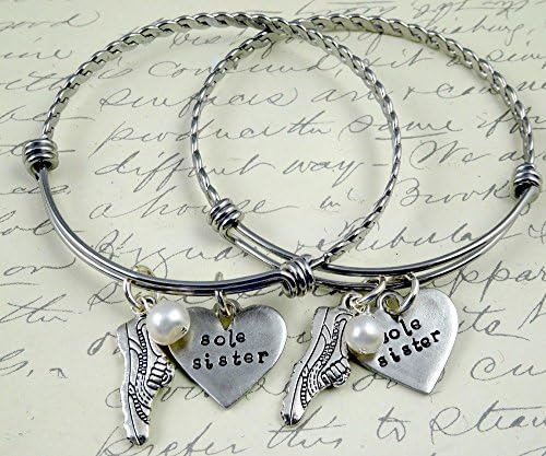 2 Sole Sister Hand Stamped Running Marathon Bangle Bracelets Set of Two