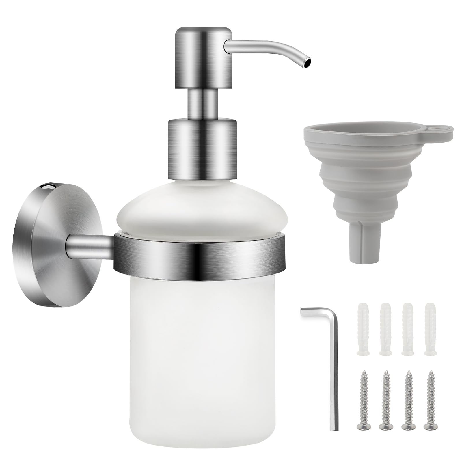 EXLECO Soap Dispenser Wall Mounted Made of 304 Stainless Steel Shampoo Shower Gel Cottle Glass Soap Dispenser Manual Brushed Soap Dish Dispenser