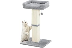 Karolpar 32" Cat Scratching Post for Indoor Cats, Sisal Cat Scratcher with Plush Perch, Large Scratch Post with Bed, Removable Cover, Sisal Fabric,Light Grey