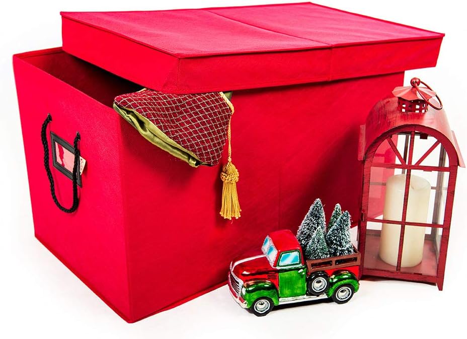 Holiday Décor Storage - [Multi Use Christmas Decoration Storage Box] - Self Standing Container with ID Tag Holder for Easy Identification - for Garland Storage and Other Miscellaneous Decor Storage (Red)