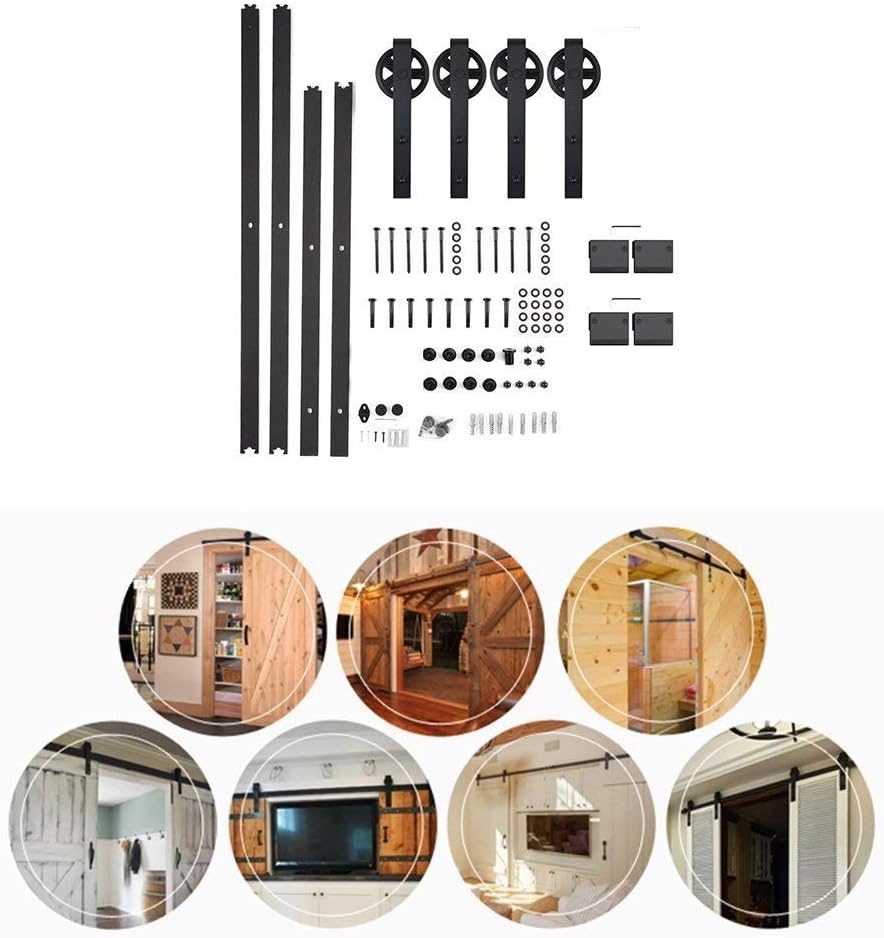 12ft / 366cm Retro Style Sliding Barn Wood Door Hardware Kit Closet Set for 2 Doors Wooden Doors Interior Doors Black, Wheel Shape