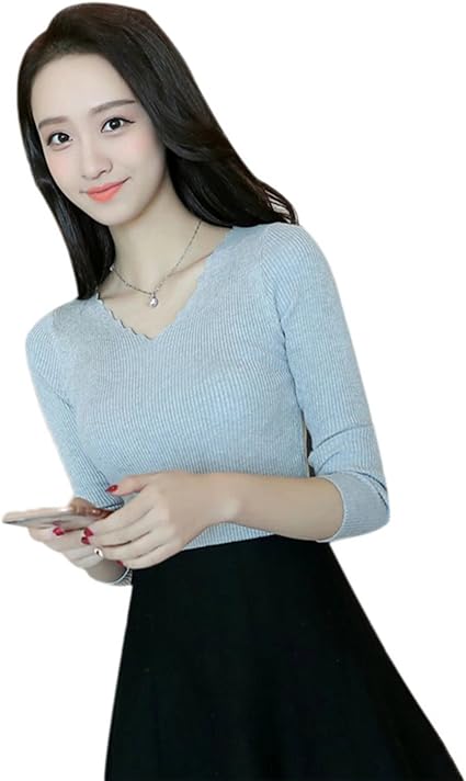 Amazon Easonddd レディース インナー トップス セクシー Vネック ニット伸縮性 長袖 カシュクール リブ トップス タイト シルエット ニット セーター おしゃれ 可愛い シンプル 無地 秋冬 セーター 通販