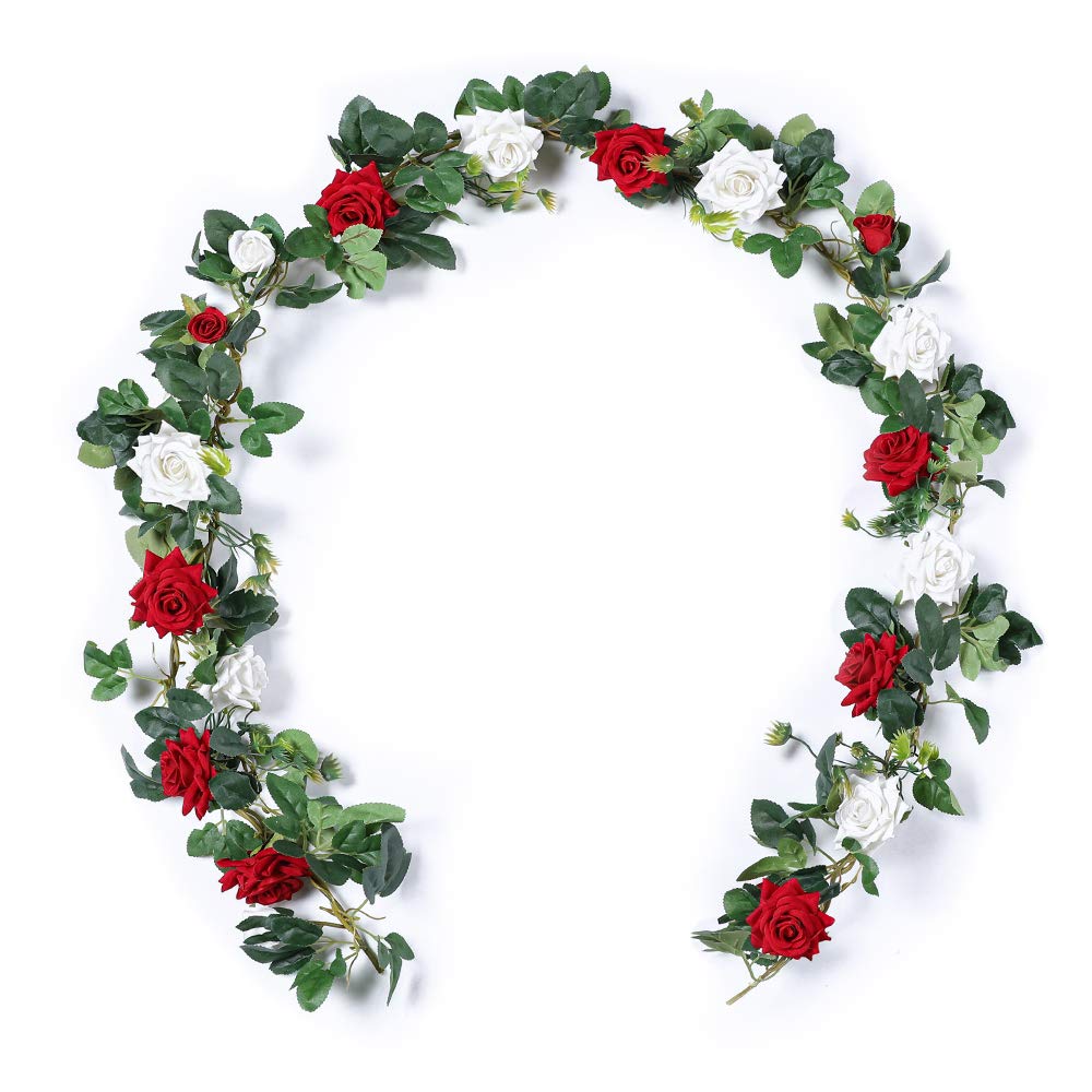 Floweroyal 2pcs Artificial Rose Vines 5.5ft Velvet Flowers for Garland Hanging and Wedding Decor (Red and White).