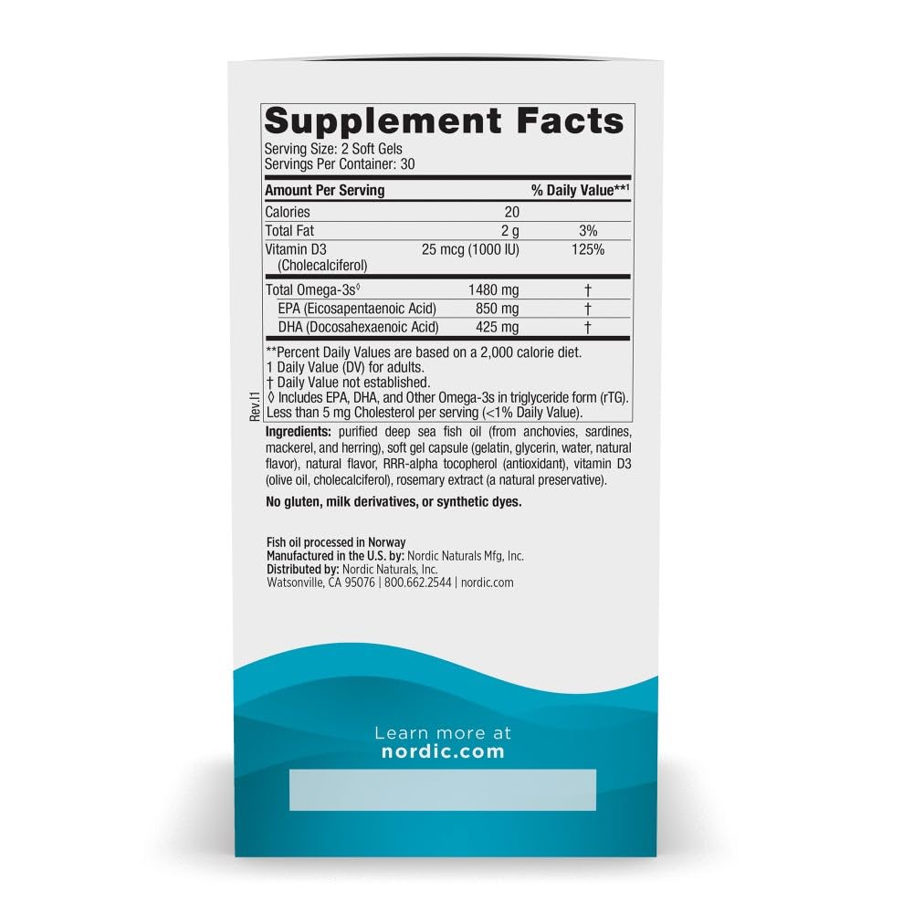 Nordic Naturals Ultimate Omega Xtra, Lemon Flavor - 60 Soft Gels - 1480 mg Omega-3 + 1000 IU Vitamin D3 - EPA & DHA - Brain, Heart, & Immune Health - 30 Servings
