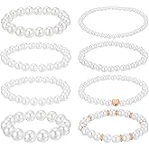 SynHHergyx 8 PCS Pearl Bracelets White Pearl Stretch Bracelets for Women Bridesmaid Bridal Elastic Bracelet Multilayered Beaded Bangle for Wedding