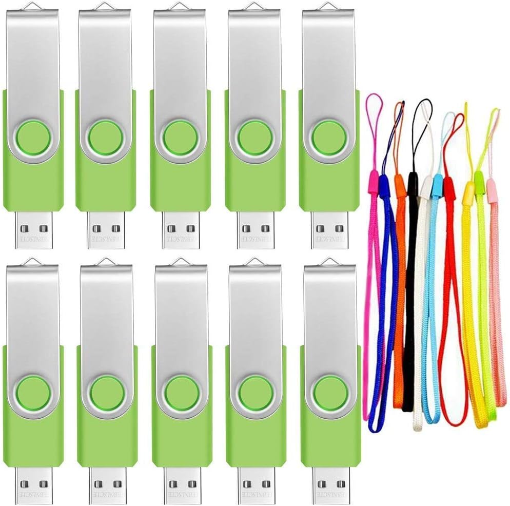USB Stick 2GB 10 Pack USB 2.0 Memory Sticks - Bulk Flash Drive Value Multipack 2 GB Pen Drives with 10pcs Ropes - FEBNISCTE Thumb Drives Swivel Flash Drive Green Jump Drive for Education with Cords