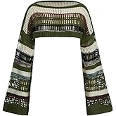 SHENHE Women's Crochet Shrugs Striped Long Bell Sleeve Baggy Knit Sweater Crop Top Swim Coverup Fairy Party