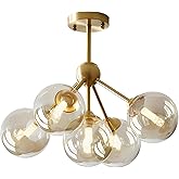 KCO Lighting 5-Light Amber Glass Globe Chandelier Brush Gold Semi Flush Mount Ceiling Light Mid-Century Modern Close to Ceili