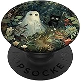 Aesthetic Vintage Cottagecore Ghost and Black Cat Halloween PopSockets Standard PopGrip