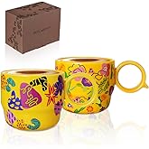 BOILMERIT Ceramic Mini Espresso Cups Set of 2 – 3 oz Double Espresso Coffee Cups with Q Handle, Yellolw Floral and fruit Pattern, Small Espresso Shot Cups for Home Coffee Bar,Lungo