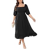 Women's Plus Size Maxi Dress Summer Half Lantern Sleeve Square Neck Smocked Flowy A-Line Elegant Wedding Guest Dresses