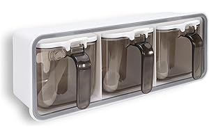 LELE LIFE Wall Mounted Seasoning Box, Set of 3 Seasoning Containers with Lid and Spoon, Self Adhesive Clear Condiment Jars Pots for Spice Sugar Salt Pepper (white)