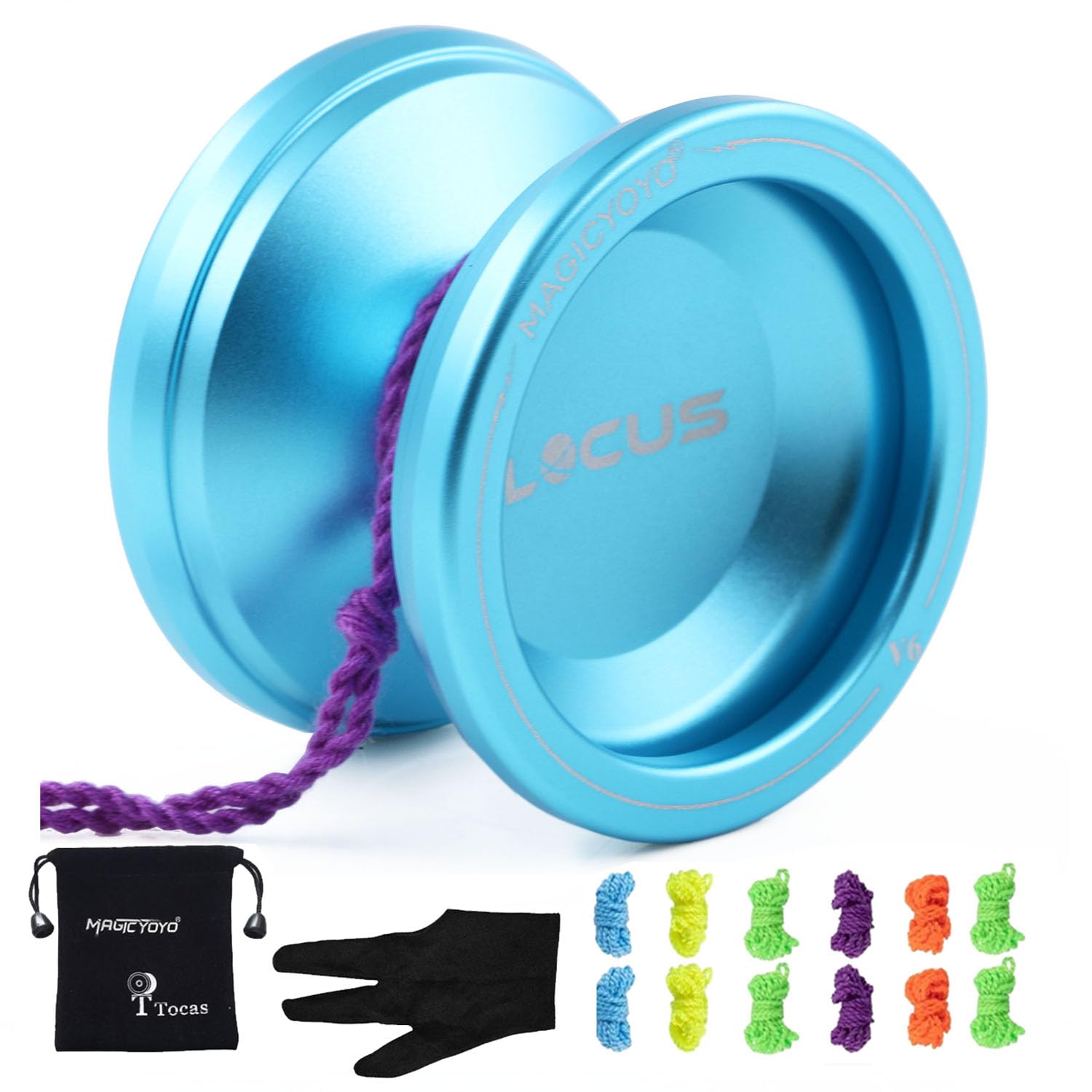 MAGICYOYO V6 Locus Yoyos Pro Responsive Yoyo for Beginners to Advanced, Toy Yoyo for Kids Teens Adults, Practice Yo-yo, Metal Yo Yo with Glove+ Pouch+ 12 Yo-Yos Strings Kit, Light Blue