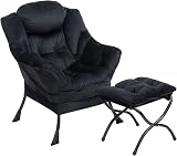 HollyHOME Armchair With Footstool Velvet Black Steel Frame 500lbs